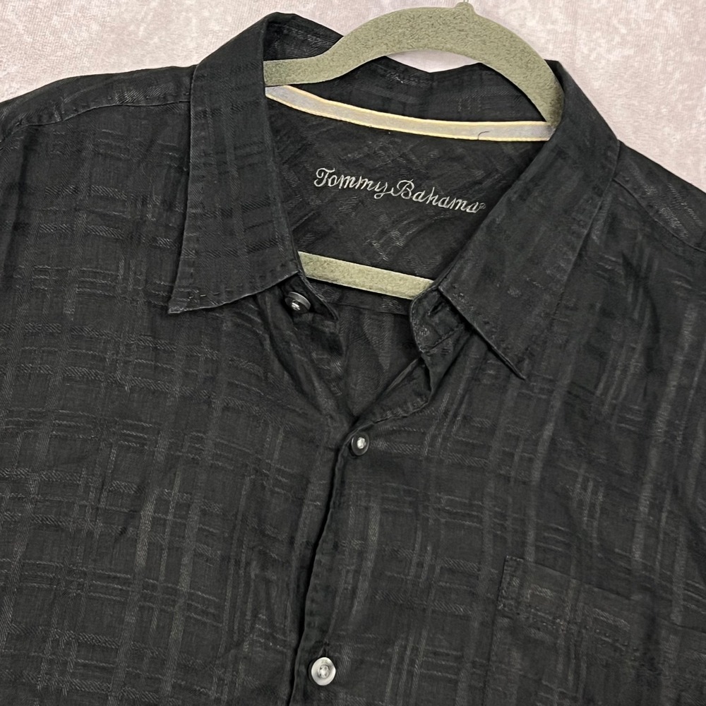 Tommy Bahama Button Down Shirt Mens XXL Black 100% Linen Plaid Jacquard